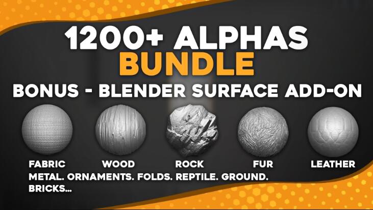 1200+ Alphas Bundle for ZBrush, Bledner. Surface Add-on for Blender